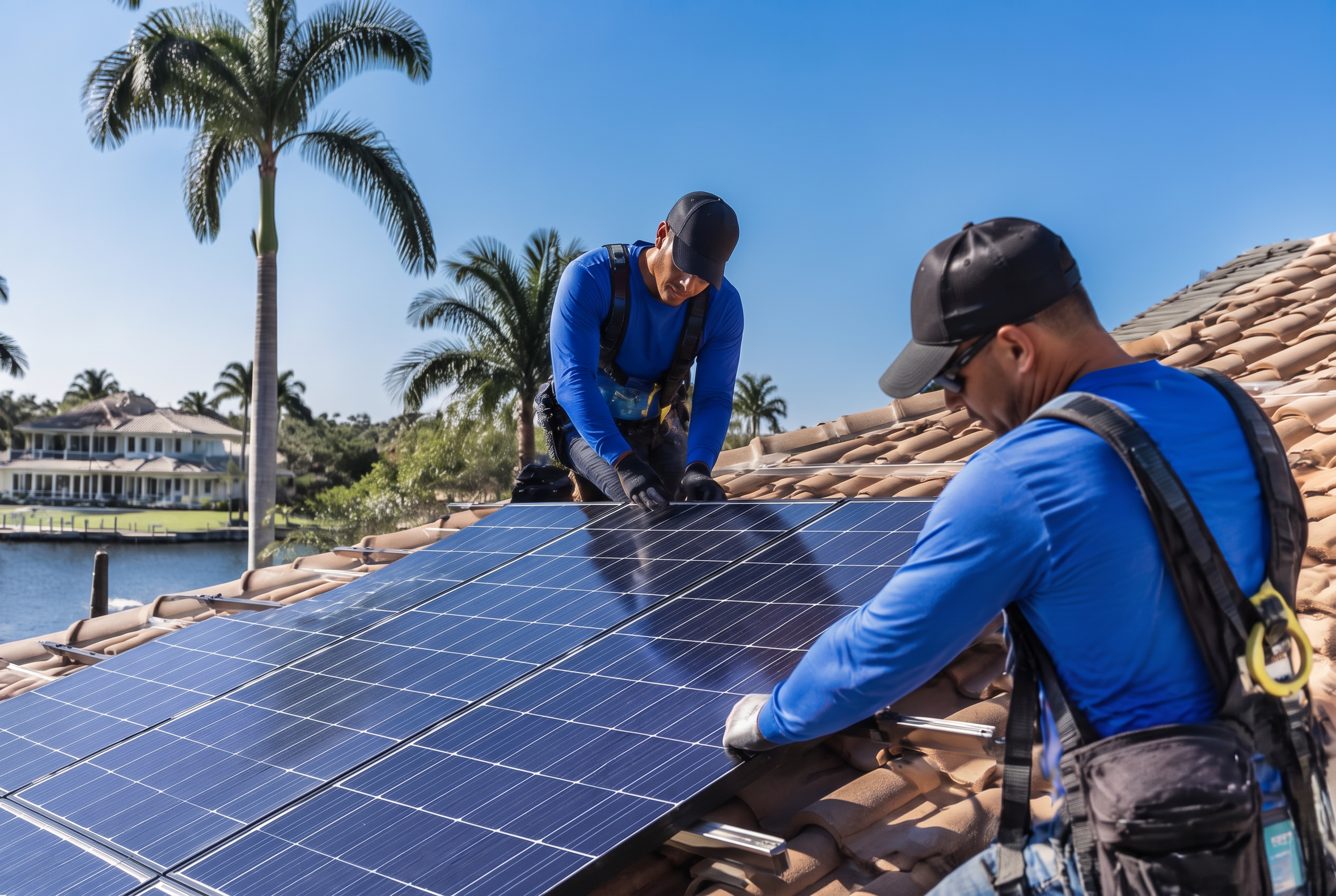 Equity Solar technicians installing solar panels on a Florida tile roof