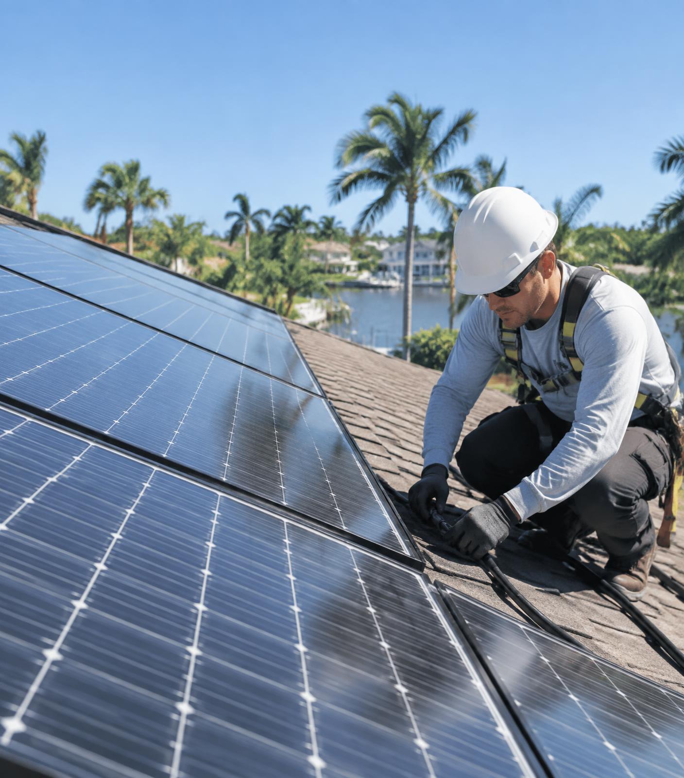 Equity Solar installer connecting wiring on a completed residential solar array